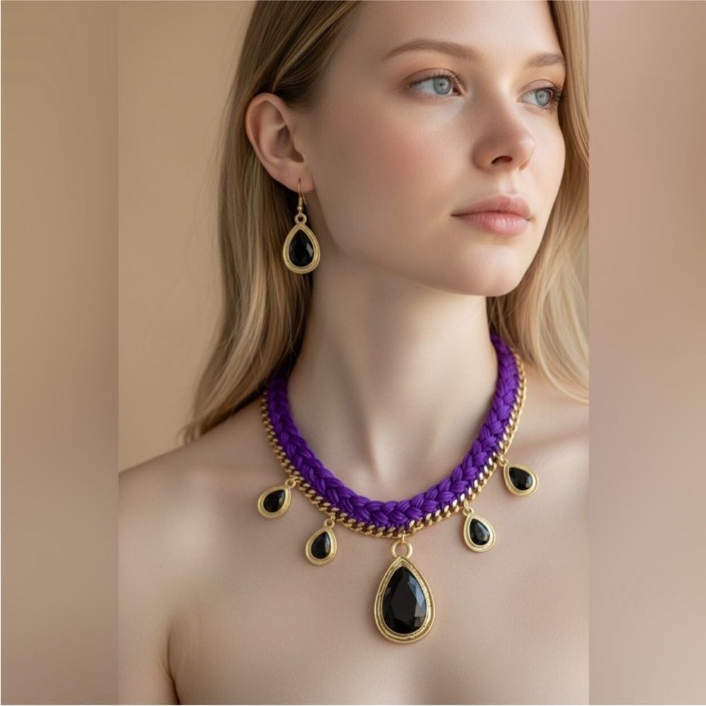 Elegant Gold, Purple and Black Teardrop Jewelry Set